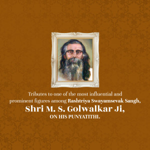 Portrait of Shri M. S. Golwalkar Ji in a frame with text commemorating his Punyathithi.