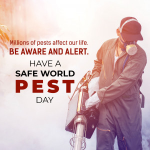 Pest control worker spraying insecticide with a warning message about pest awareness.
