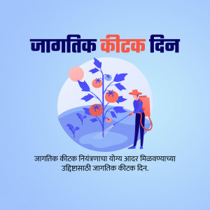 Illustration depicting a farmer spraying insecticide on tomato plants with a background of a globe and text in Marathi.