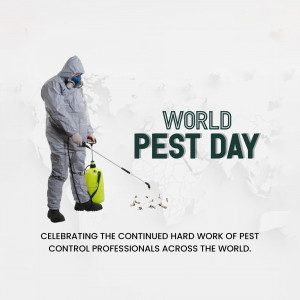 A pest control professional in protective gear spraying insecticide with the text 'World Pest Day' and a message of appreciation.