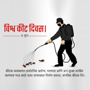 Illustration of a pest control worker spraying insecticide with insects around him, with text in Hindi.