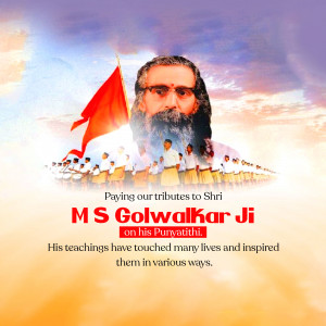 Image of MS Golwalkar Ji with followers and the Indian flag