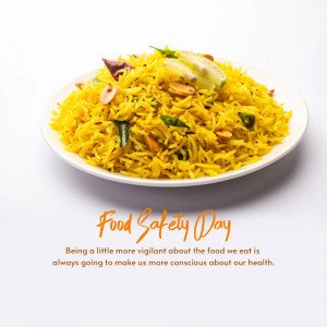 A plate of vibrant yellow lemon rice with nuts and curry leaves, promoting Food Safety Day.