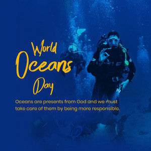 Scuba diver underwater with 'World Oceans Day' text overlay