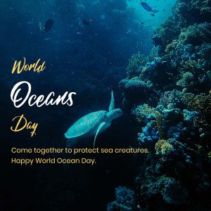Sea turtle swimming in a coral reef with text 'World Oceans Day'
