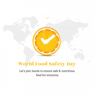 World Food Safety Day graphic featuring an orange with a checkmark and a world map background.