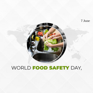 Image depicting hands washing vegetables over a sink with a world map background for World Food Safety Day.