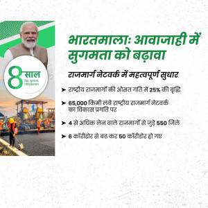 Image depicting the BharatMala project achievements with Prime Minister Narendra Modi's photo and road construction details.