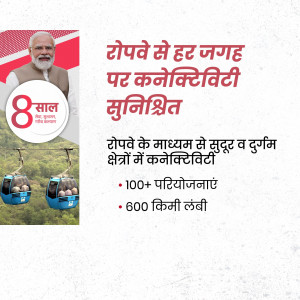 Image depicting 8 years of Modi government with focus on connectivity improvements, featuring Prime Minister Modi and a ropeway.