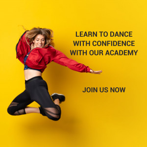 Woman jumping in the air, promoting a dance academy