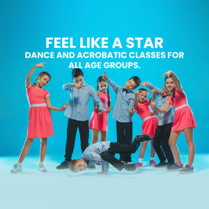 Group of children dancing and doing acrobatics, promoting dance classes for all ages.