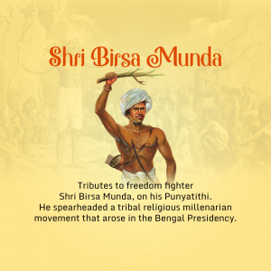 Illustration of Shri Birsa Munda, a tribal freedom fighter, with text honoring his legacy.