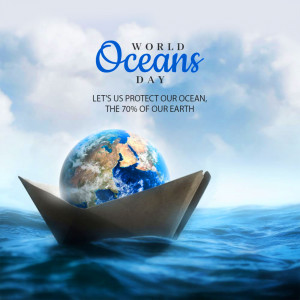A paper boat carrying the Earth on a wavy ocean, promoting World Oceans Day.