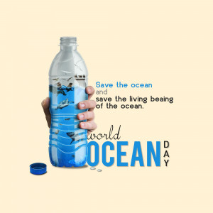 A hand holding a plastic bottle filled with ocean life imagery, promoting World Ocean Day.