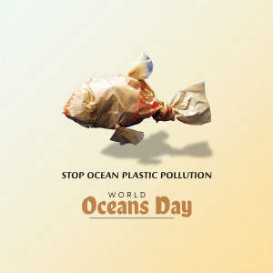 A fish shaped from plastic waste with the text 'Stop Ocean Plastic Pollution' and 'World Oceans Day'.