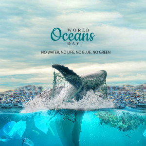 A whale entangled in plastic netting with a polluted ocean background, promoting World Oceans Day.