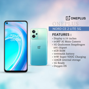 OnePlus Nord CE 2 Lite 5G smartphone in blue color with key features listed.