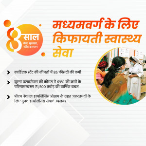 Poster promoting affordable healthcare services for 8 years, featuring a healthcare worker attending to a patient.