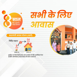 Image depicting the 8-year anniversary of the Pradhan Mantri Awas Yojana (Urban) scheme with a family in front of a house.