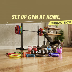 Home gym equipment including barbell, weights, dumbbells, and resistance bands.