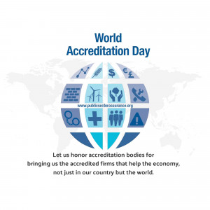 World Accreditation Day logo with a globe and symbols representing finance, health, and safety.