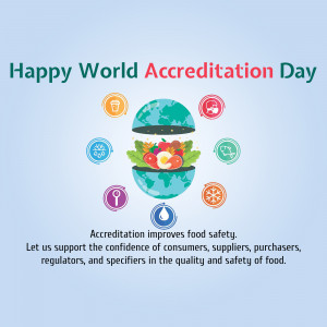World Accreditation Day illustration with a globe shaped like a burger and icons representing food safety.