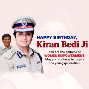 Portrait of Kiran Bedi, former IPS officer and Lieutenant Governor of Puducherry, with a birthday message.