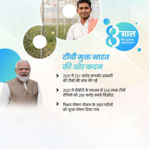 Image depicting the 8 years of the TB Mukt Bharat Abhiyan with Prime Minister Narendra Modi and a young man.