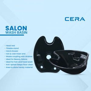Black salon wash basin with features listed