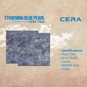 Close-up of CERA Blue Pearl tiles with specifications.