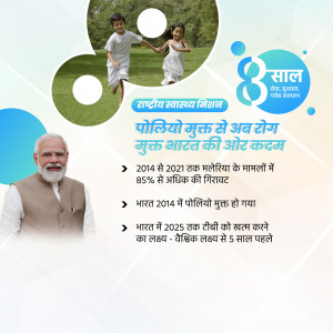 Image depicting the success of the National Health Mission in eradicating Polio in India, featuring Prime Minister Narendra Modi and children.