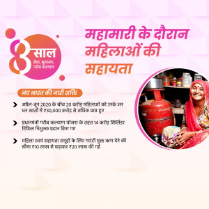 Image depicting support for women during the pandemic in India, featuring a woman with a gas cylinder and text in Hindi.