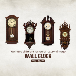Four different styles of antique wooden wall clocks on a textured background with text promoting a wall clock sale.