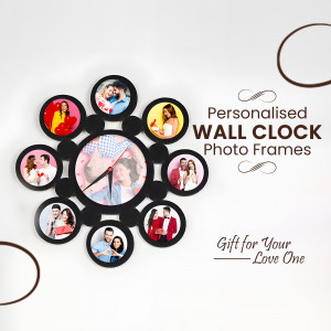 Black wall clock with multiple photo frames around the clock face