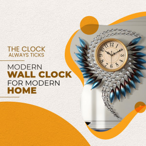 A stylish modern wall clock with a unique design featuring metallic blue and gold accents.