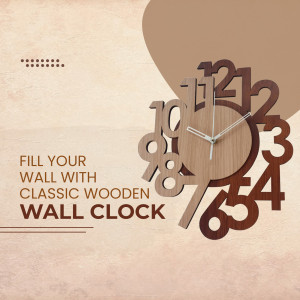 A modern wooden wall clock with numbers arranged around the face.