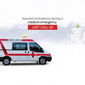 White ambulance with red stripes and a cross symbol in front of a blurred city hospital background.
