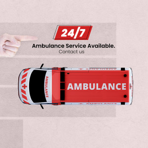 Top-down view of an ambulance with a hand pointing towards it and text indicating 24/7 availability.