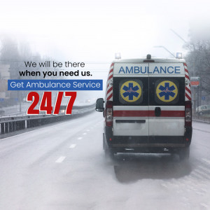 Rear view of an ambulance on a snowy highway with text promoting 24/7 service.