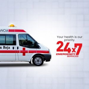 White ambulance with red stripes and a red cross symbol, promoting 24/7 emergency services.