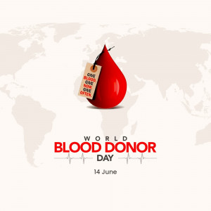 Image promoting World Blood Donor Day with a blood drop and world map.