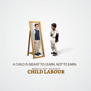 A boy looking at his reflection in a mirror, with a message against child labour.