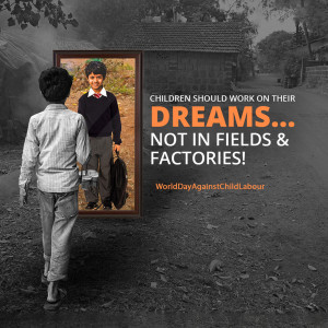 A boy looking at a framed image of another boy in school uniform, advocating against child labor.