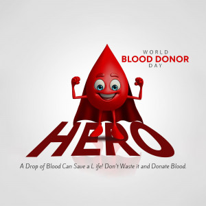 Cartoon blood drop superhero promoting blood donation