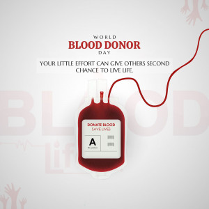 World Blood Donor Day poster with a blood bag and red ribbon