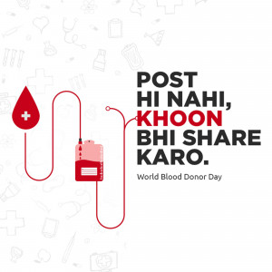 Image promoting blood donation with a blood drop, IV drip, and blood bag.