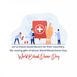 Illustration depicting blood donation with a blood bag, hand gesture, and medical personnel.