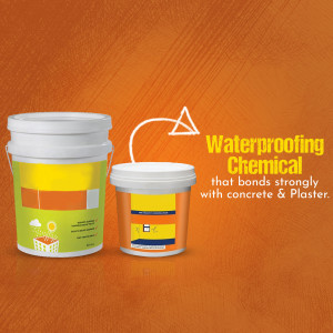 Two buckets of waterproofing chemical with text highlighting its strong bonding properties.