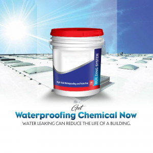 Bucket of waterproofing chemical with a building rooftop background
