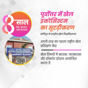 Image of the National Sports University in Manipur with text highlighting 8 years of ecosystem development.